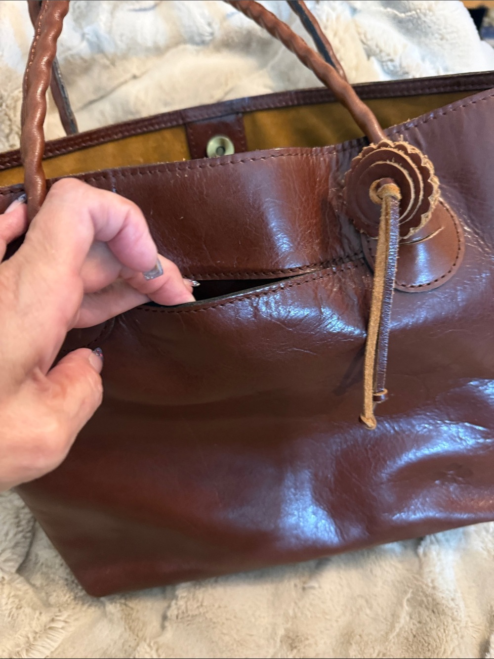 Rare Patricia Nash Rich Brown Leather Tote with Braided Strap Accent - Picture 8 of 8